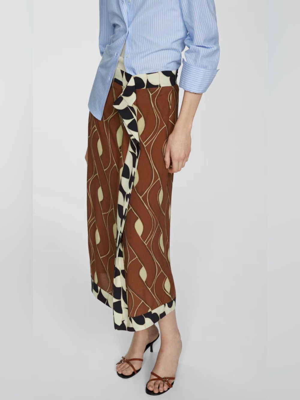 NWT MANGO MNG BROWN RUFFLE PRINT MIDI SKIRT SZ M